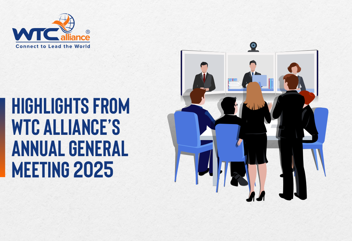 An illustrated banner featuring the WTCalliance logo and the text 'Highlights from WTCalliance’s Annual General Meeting 2025.' The visual shows several professionally dressed individuals seated around a table participating in a hybrid meeting with three remote participants visible on screens